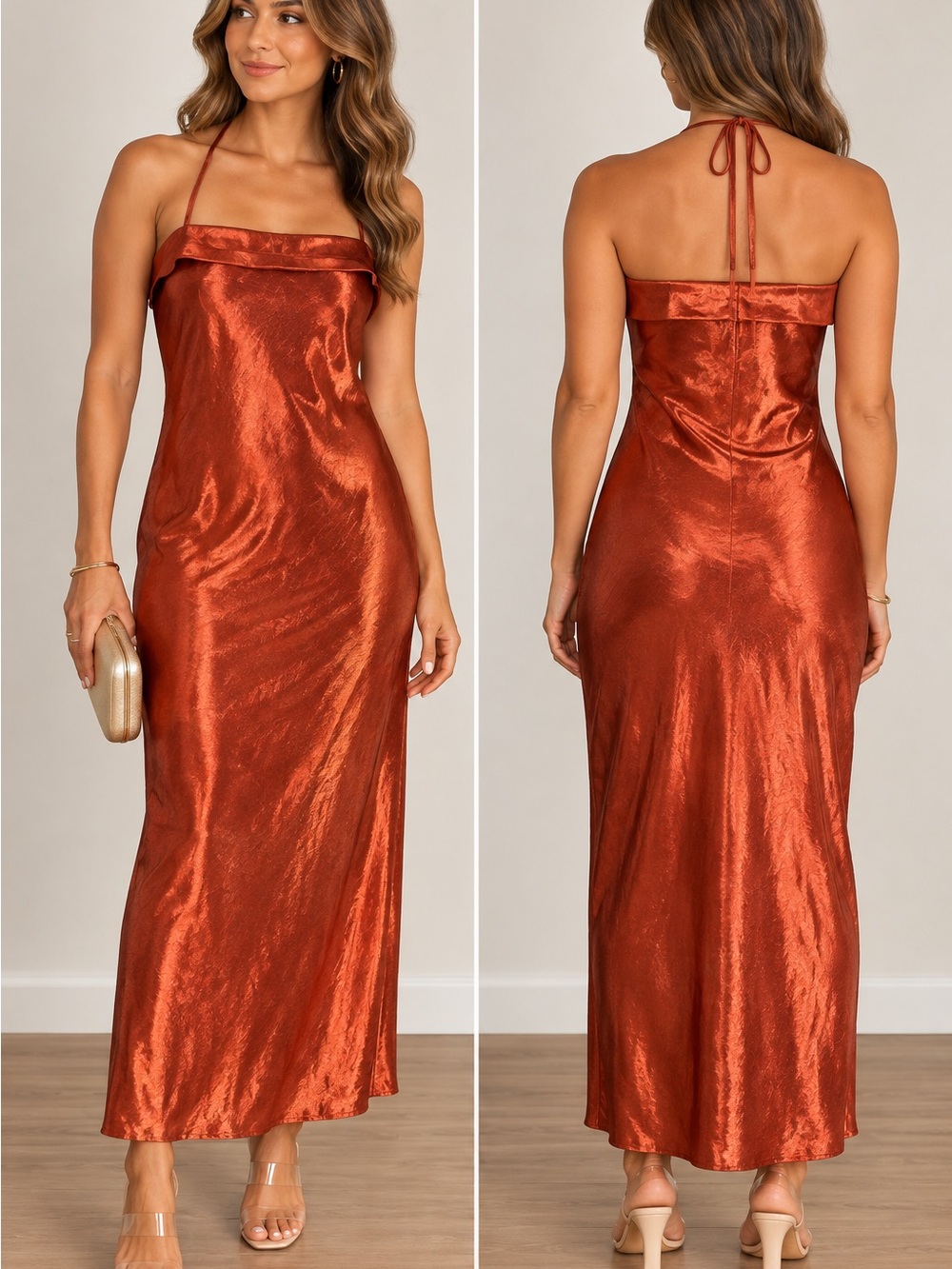 Away Satin Slip Maxi Dress in Rust